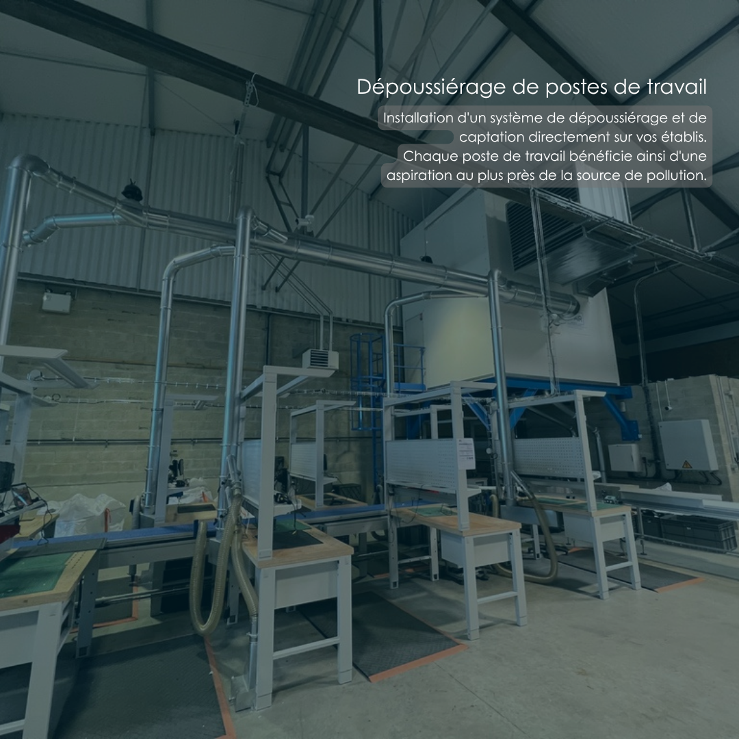 Système de dépoussiérage et de captation installé sur des établis en atelier industriel